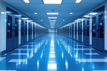 Fototapeta premium A long hallway with rows of closed doors and a shiny blue floor.