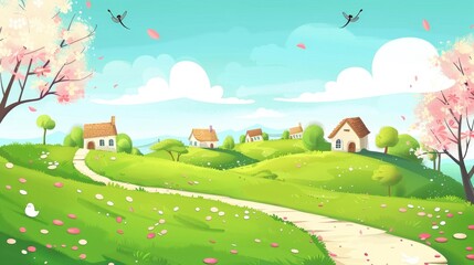Fototapeta premium Children's Cartoon Illustrations Dreamy Pastoral Scenery