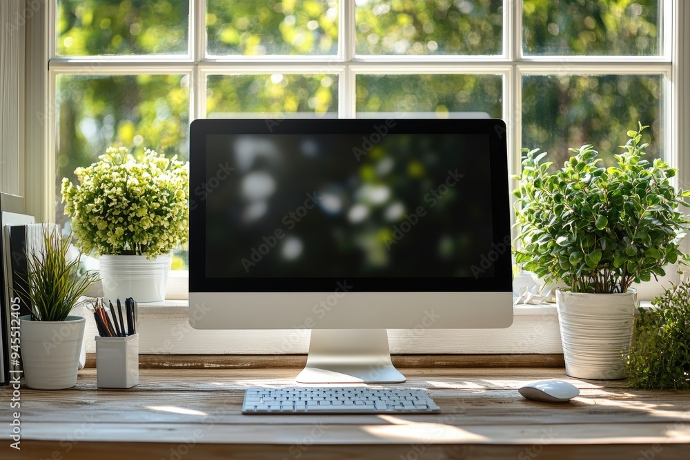 Poster a modern computer setup with plants and a window view