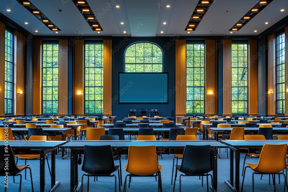 Aufkleber an empty conference room with large windows and a projector screen.