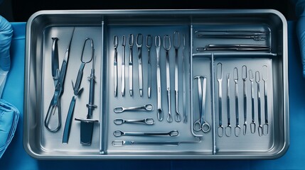Top view of a surgical tray with neatly arranged instruments ready for surgery