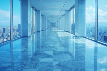A Modern Hallway with Floor-to-Ceiling Windows Offering a Panoramic City View