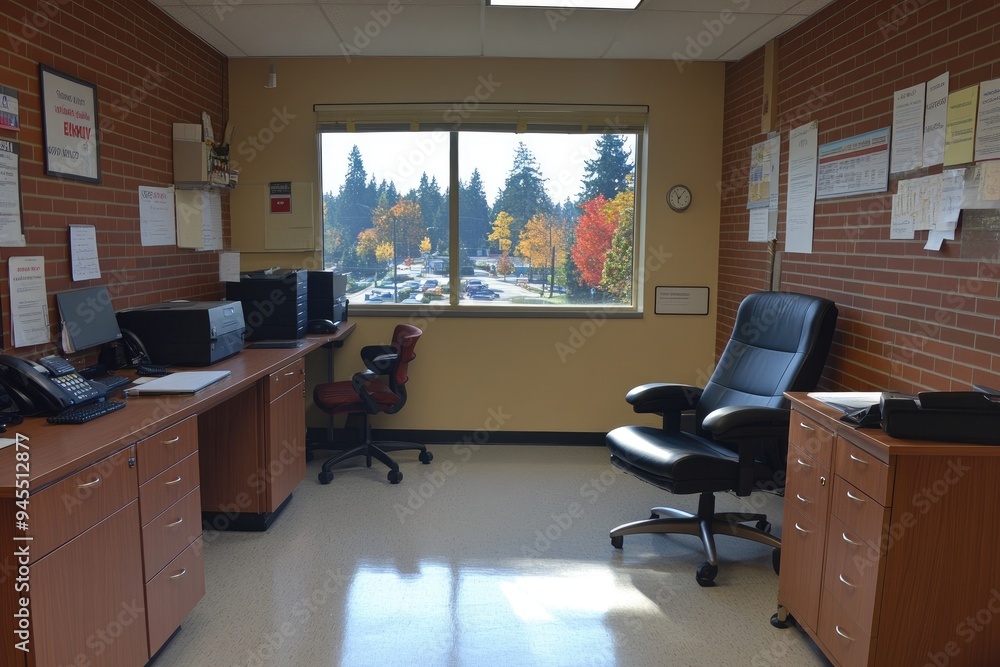Poster a well-lit office with a view of autumn trees through a large window