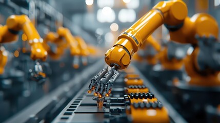 Obraz premium Industrial robots assembling components for space exploration, with a futuristic and high-tech atmosphere, space tech assembly, exploration innovation