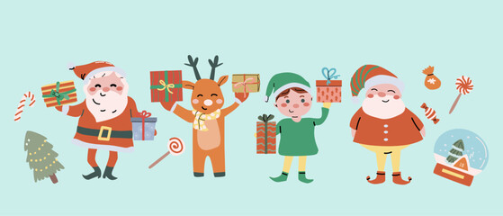 Merry xmas horizontal banner design with cartoon flat santa, snowman and animals. Cute childrens characters with gifts and candy canes. Hand drawn Christmas Festive elements background. Happy Holidays