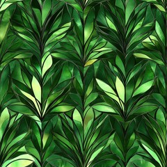 Fototapeta premium Forest green stained glass style pine needle pattern, seamless repeating pattern, minimal pattern, ideal for holiday-themed decor, gift wrapping, stationery, and wall art 