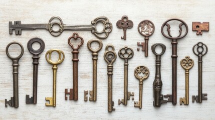 Collection of Antique Keys on White Background