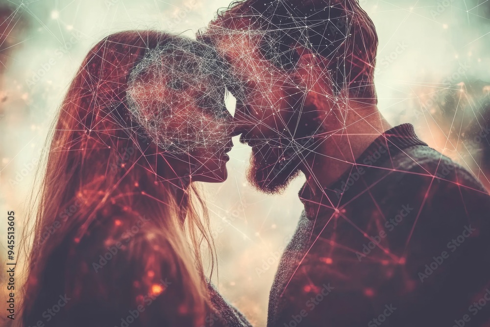 Poster romantic couple with glowing brain visualizations symbolizing the emotional and intellectual connect