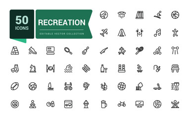 Recreation icon set of web icons in line style. Related to airport, tickets, tour, relax, hotel. Pixel perfect, minimalistic web and UI icon. Outline icon collections.