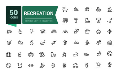 Recreation icon set of web icons in line style. Related to airport, tickets, tour, relax, hotel. Pixel perfect, minimalistic web and UI icon. Outline icon collections.