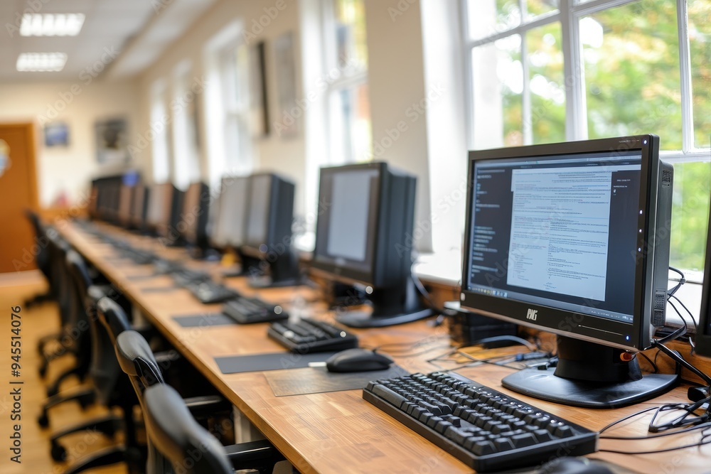 Poster computer lab with desktops and keyboards on a wooden table