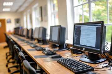 Computer lab with desktops and keyboards on a wooden table
