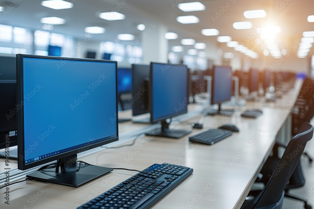 Poster computer workstation with keyboard and monitors in an office setting
