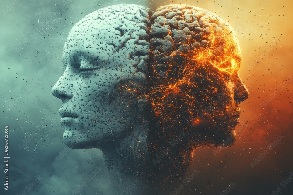 Poster abstract portrait of a woman with brain imagery symbolizing the complexity and emotional depth of co