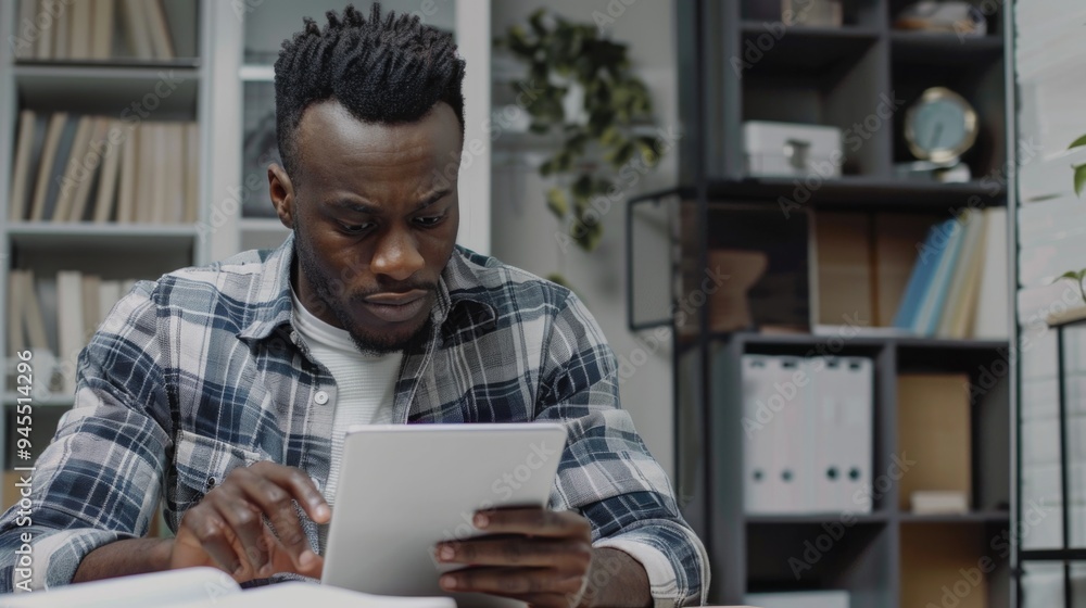 Poster a person sits at a desk with a tablet in hand, typing away
