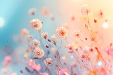 Beautiful pastel-colored wild flowers on a soft blue background