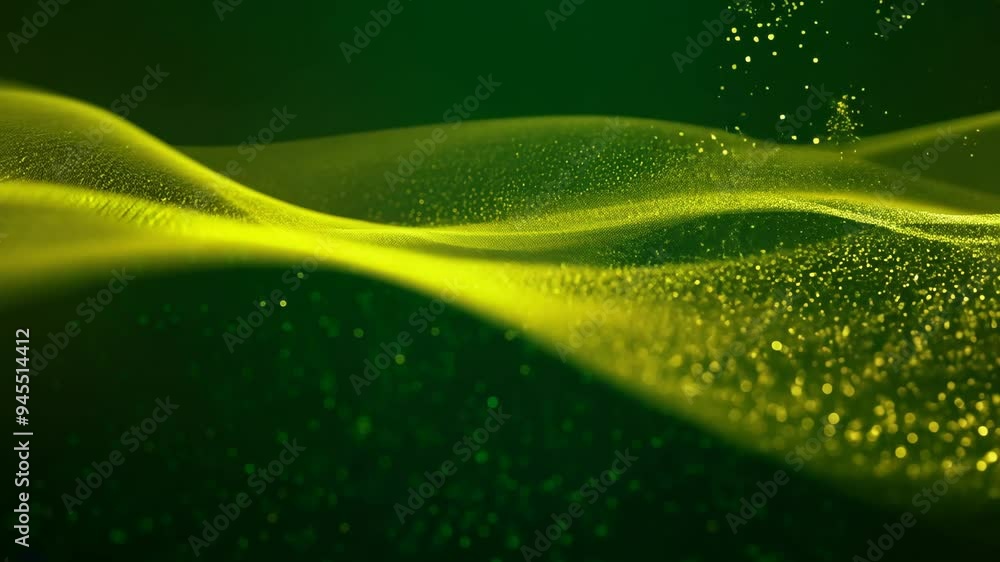 Poster exploring abstract green waves with shimmering gold accents in an immersive visual experience