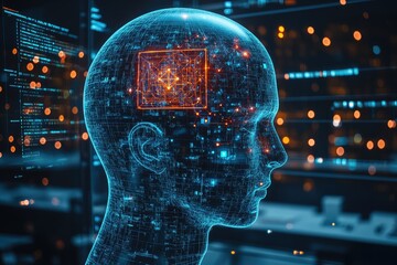 Digital Human Head with Glowing Circuitry and a Square in the Forehead