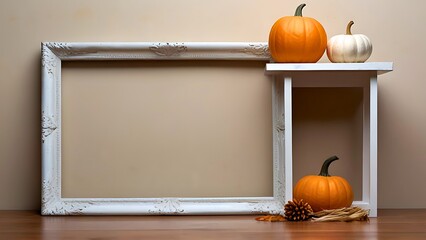 Autumn composition background with Halloween pumpkins and photo frame on wooden floor. 3d rendering mockup with copy space