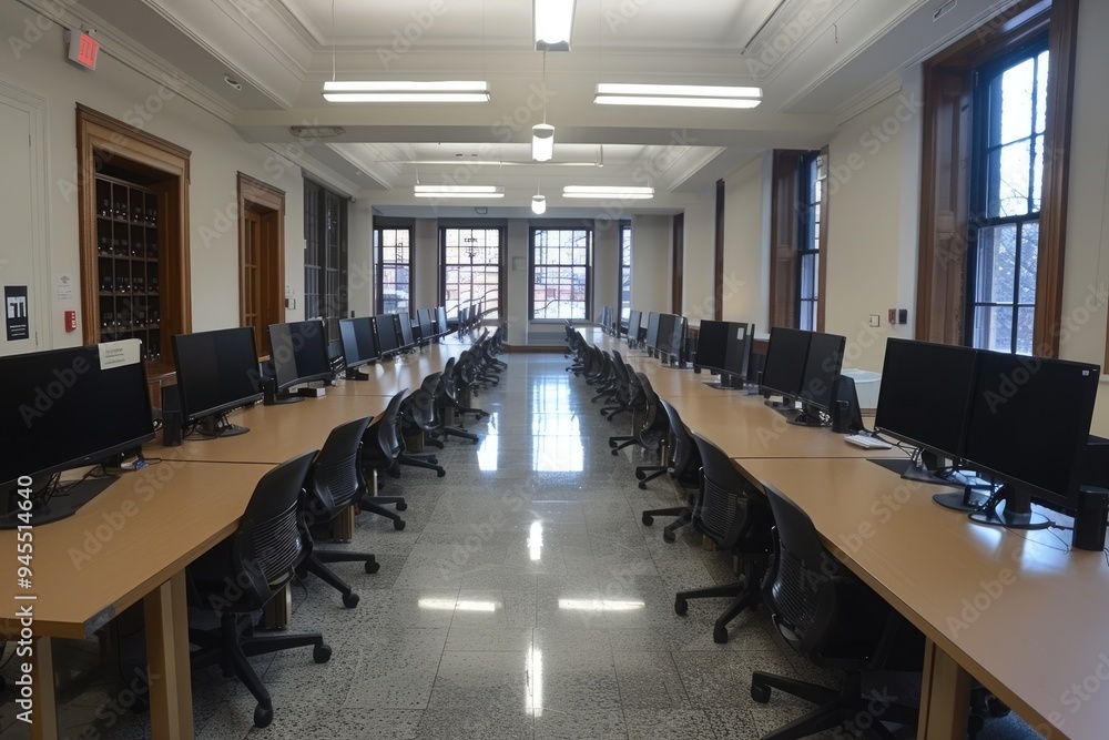 Poster empty computer lab with desks and chairs in a large room