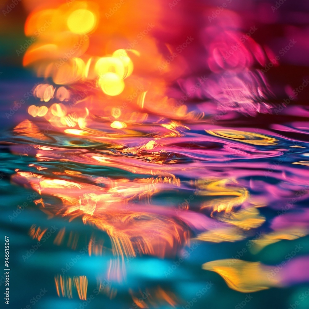 Poster This image presents a mesmerizing interplay of light and colors dancing on gentle water waves, creating an abstract and lively visual feast that captivates the viewer's attention.