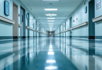Obraz premium Empty Hospital Corridor with Reflective Floor
