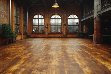 Empty Industrial Loft with Arched Windows and Wooden Floor
