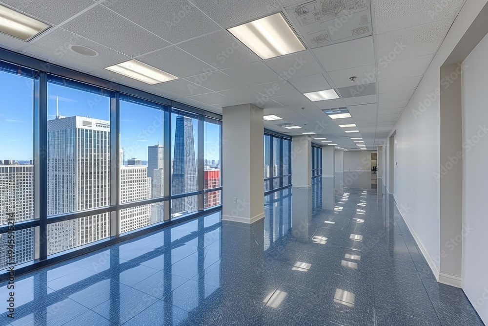 Poster empty office corridor with cityscape view from floor to ceiling windows