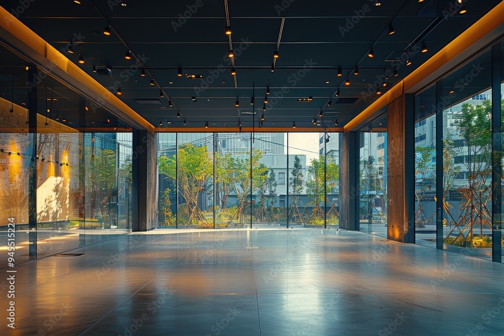 Poster empty modern room with large windows and a view of trees