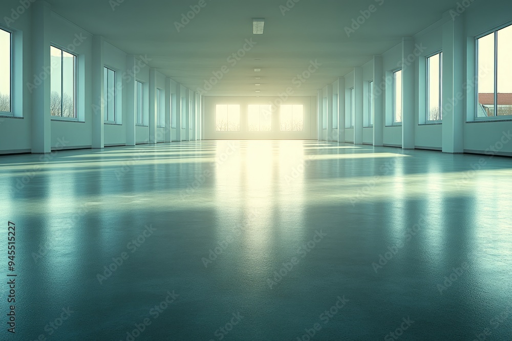 Poster empty office corridor with large windows and light reflecting on the floor