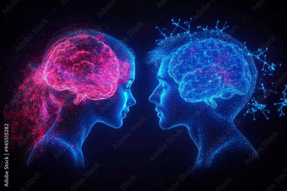 Poster cosmic visualization of two brains with neon highlights symbolizing the electric emotional and cogni