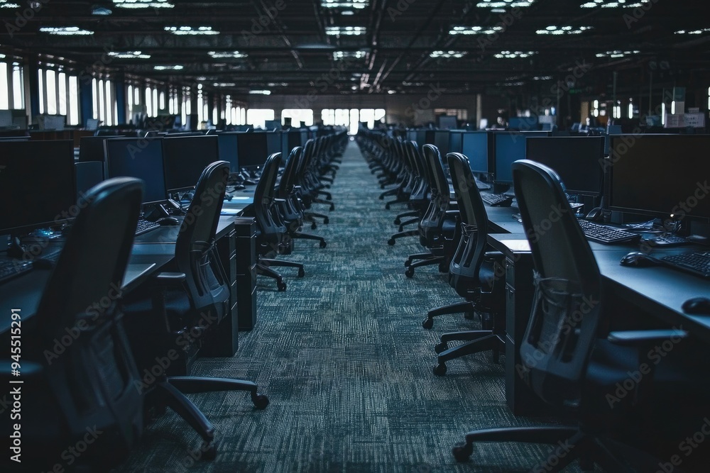 Poster empty office space with black desks and computers