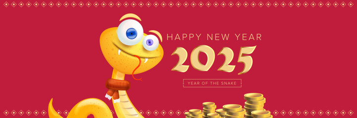 Happy Chinese New Year 2025 wide banner vector design with cute and elegant golden snake and golden coins. Cartoon snake with scarf symbol of 2025 lunar year. New year illustration