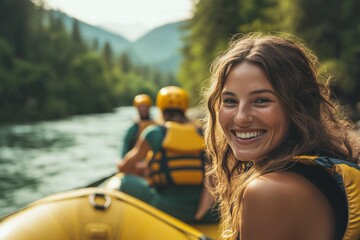 A young woman with a beaming smile, enjoying a scenic rafting adventure with friends in a serene river surrounded by lush greenery and wearing safety vests.