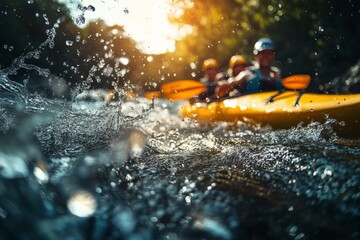 Fototapeta premium A group of kayakers paddling vigorously down a river, with water splashing sharply around them, captured in the glow of the setting sun through the surrounding trees.
