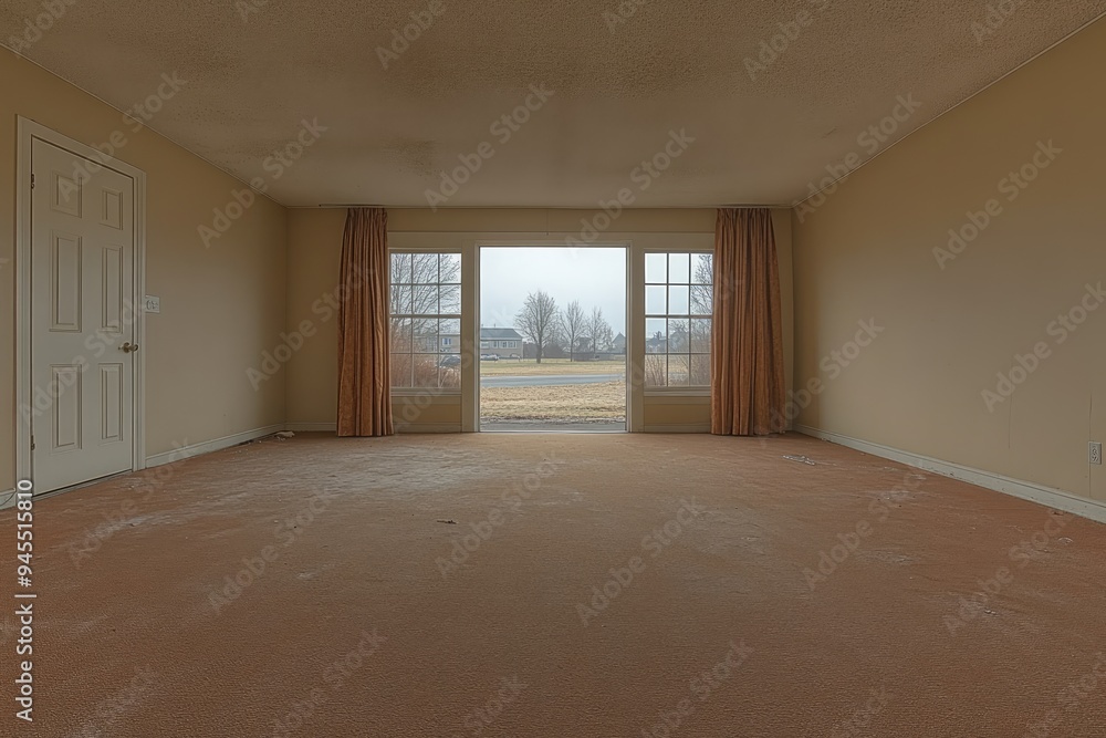 Poster empty room with a view of a suburban street through a window