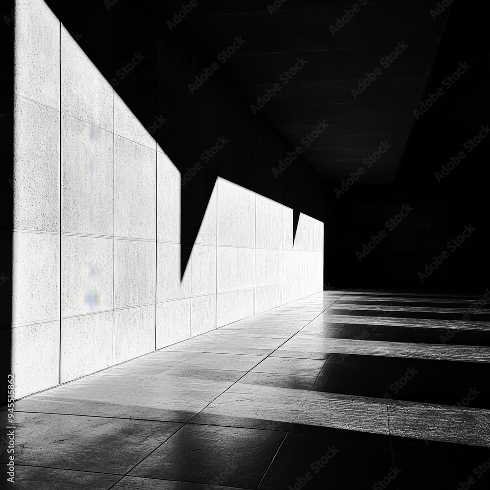 Aufkleber An image capturing geometric shadows on a concrete wall in a minimalist architectural space, highlighting the contrast between light and shadow in an abstract composition.