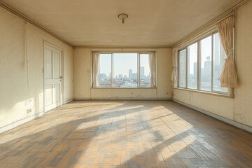 Obraz premium Empty Room with City View through Large Windows