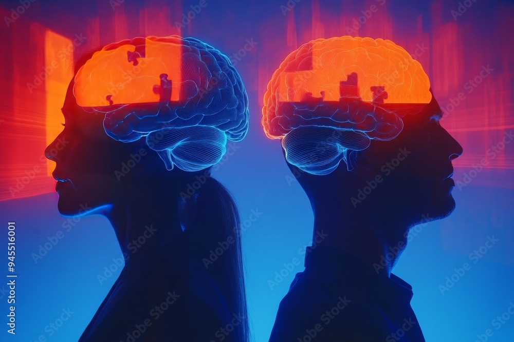 Poster dual brain profiles highlighting cognitive resonance and neural activity in back to back figures set