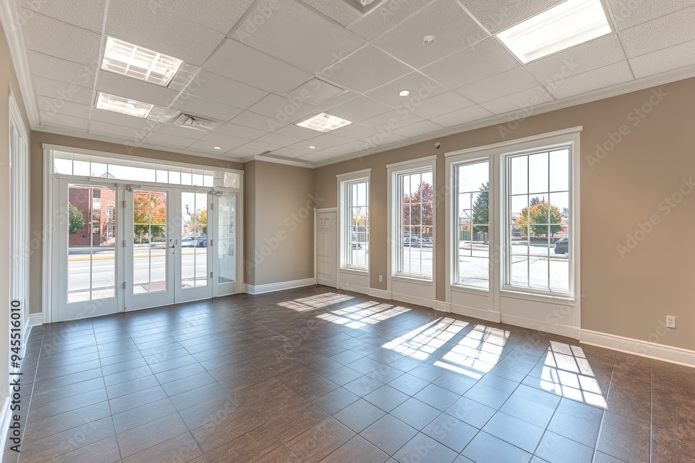 Poster empty room with large windows and tile floor