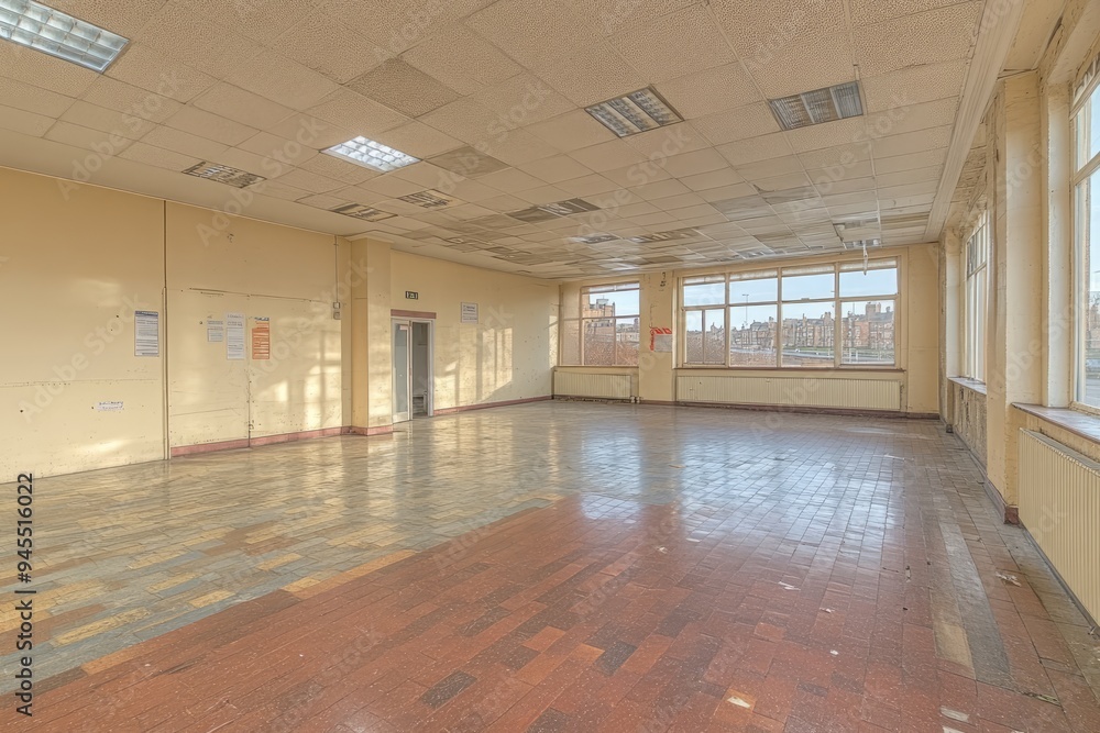 Poster empty room with windows and a view of a cityscape