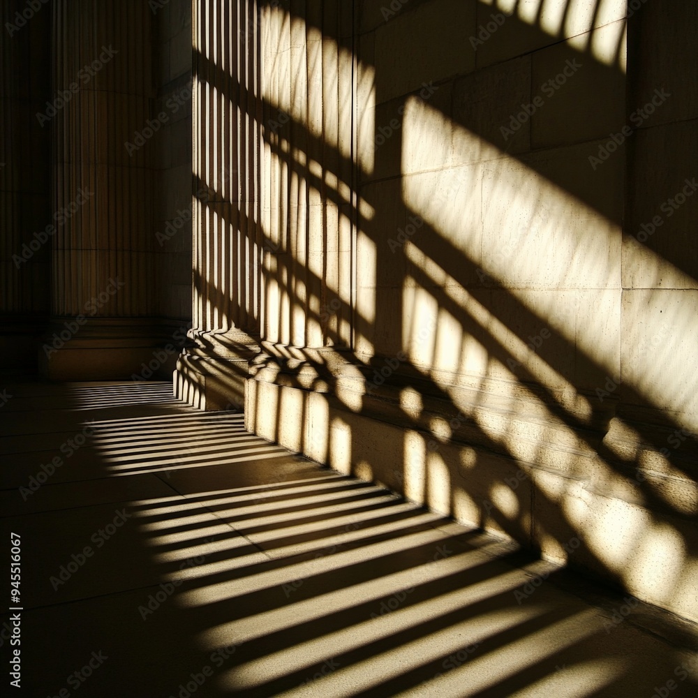 Aufkleber a striking image showcasing complex shadows created by geometric columns on a sunlit wall, illustrat