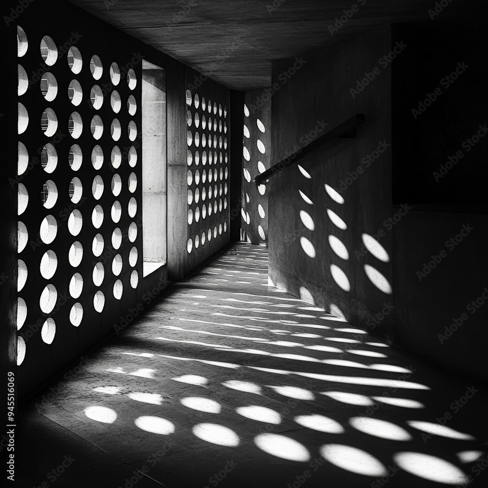 Poster sunlight filtering through a perforated concrete wall, casting circular shadow patterns along a narr