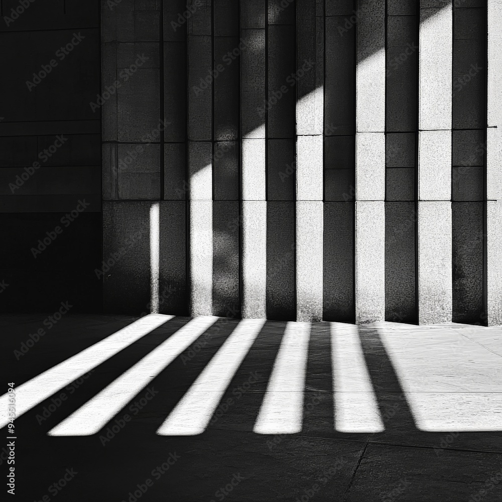 Poster image of parallel shadows falling on a concrete building's wall, accentuating the modern architectur