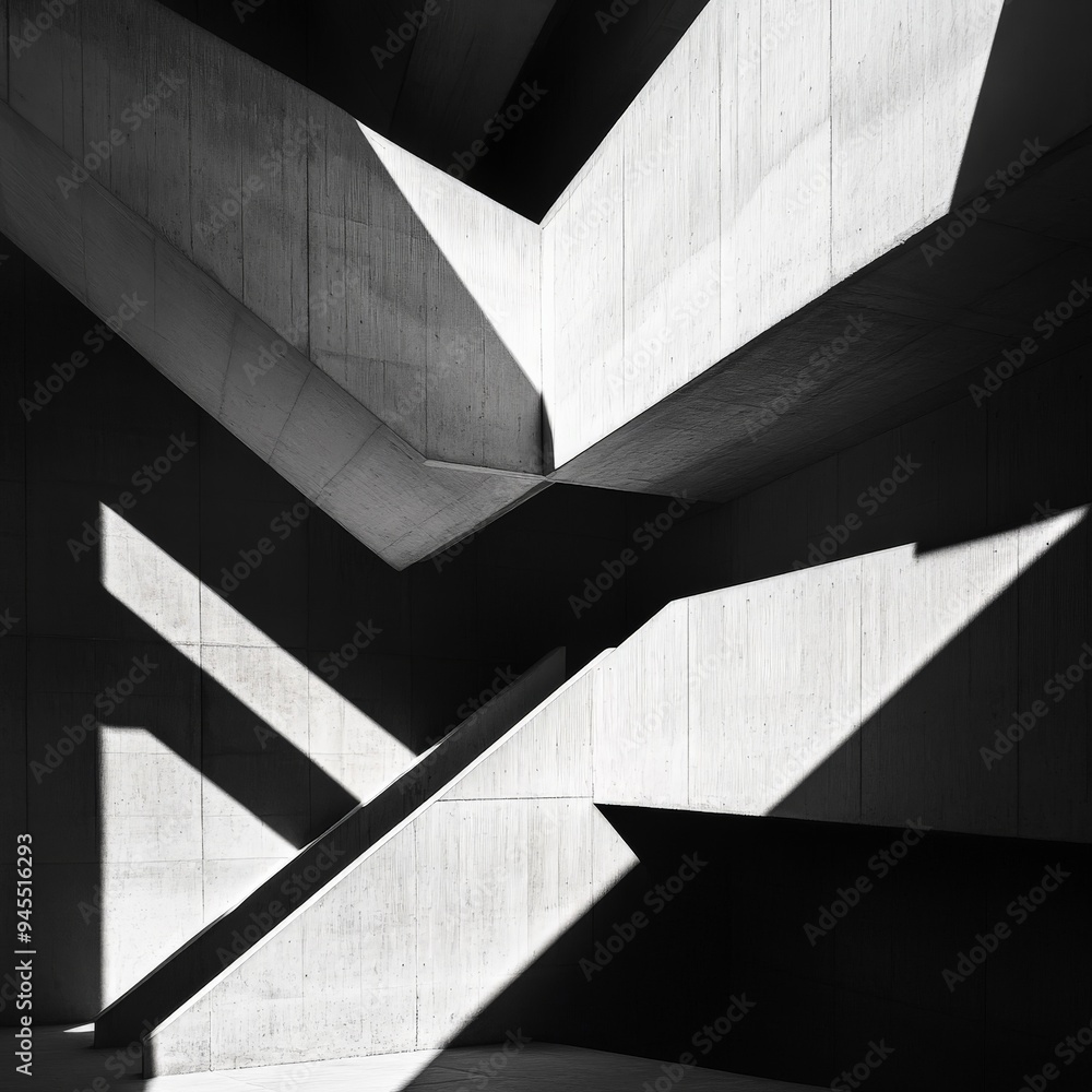 Poster a bold concrete staircase casts sharp, angular shadows in a modernist interior space, creating a str