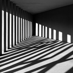 A captivating shot of a colonnade with dramatic shadows playing on its textured wall, exhibiting the symmetry and depth created by light and architectural form in a minimalist style.