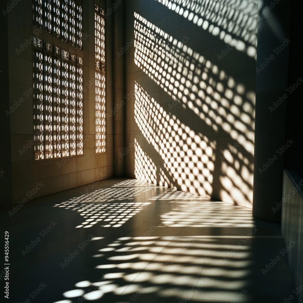 Aufkleber Intricate latticework patterns create a stunning dance of light and shadows on the floor, transforming a simple space into an artistic canvas of geometric designs.