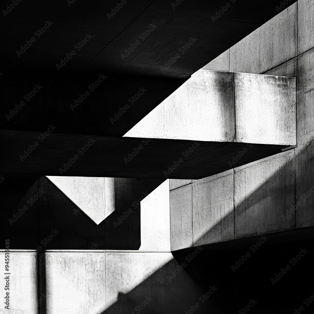 Poster an abstract composition of concrete elements and shadows, this monochrome photograph captures the st