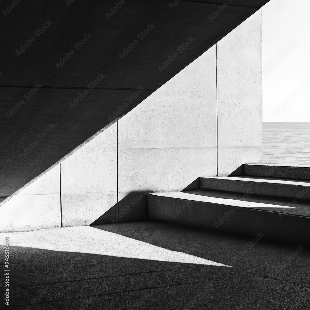 Poster sharp angles of light and shadow play on a concrete wall with stairs, creating a dramatic monochrome