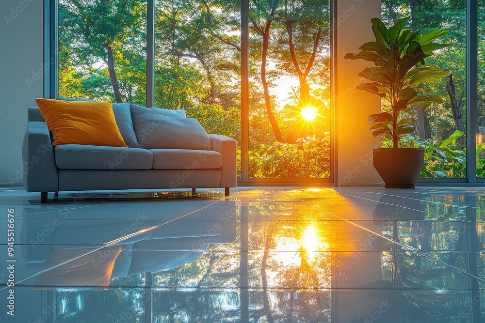 Poster grey sofa with yellow pillow in a sunlit room with a view of trees through large windows